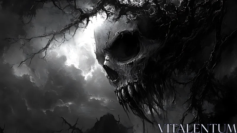 Skull-shaped storm cloud looms above twisted, dark landscape.
