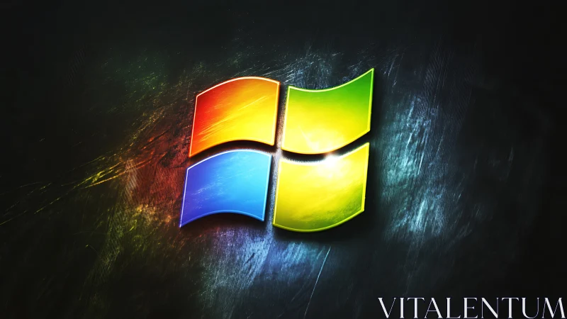 Glossy four-color window logo glows on dark brushed metal