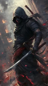 Hooded ninja stalks through burning ruins with drawn katana
