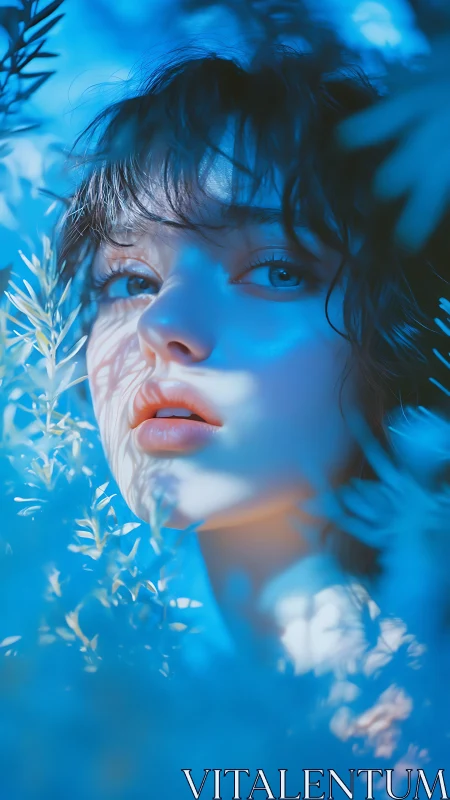 Blue-lit portrait with soft-focus foliage shadows framing face.
