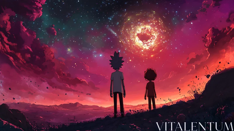 Stargazing duo beneath a swirling cosmic portal at dusk.