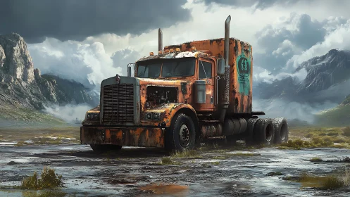 Rusting orange semi truck in remote mountain wetland.