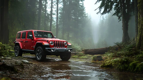 Red off-road SUV stands on wet forest trail in fog