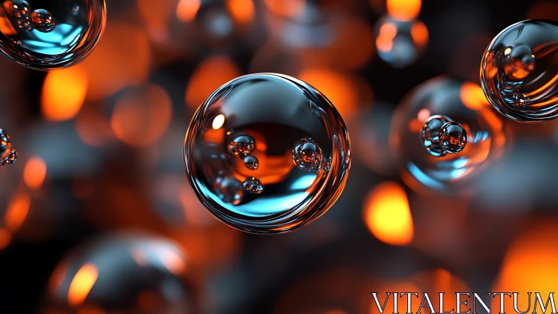 Luminous chrome spheres with orange bokeh refractions in motion.
