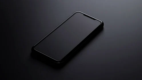 Black smartphone displayed on dark surface with soft lighting
