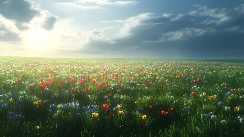 Sunlit wildflower ocean under brooding springtime skies.
