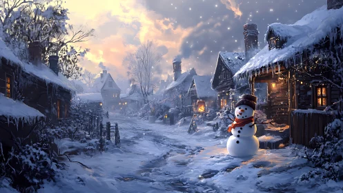 Snow-covered village street with glowing cabins and snowman.