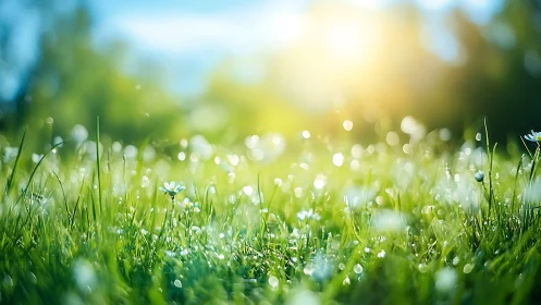 Dewlit meadow daydream under a softly flaring sunrise.