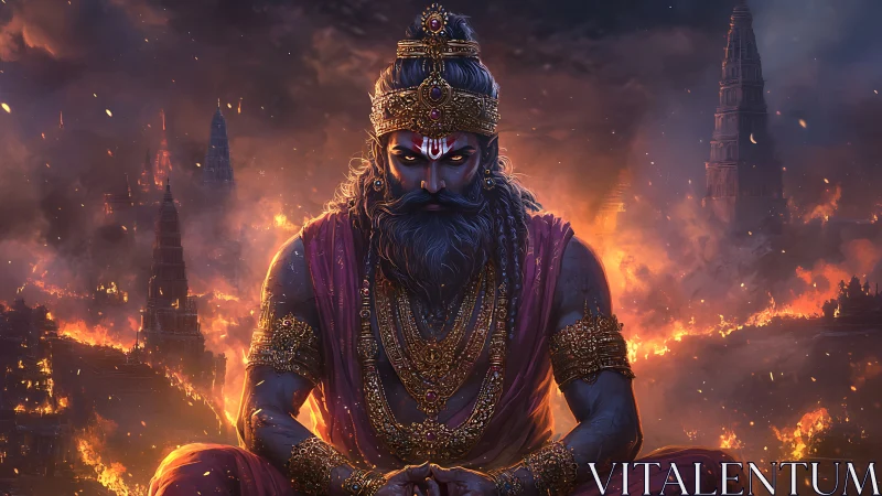 Fiery warrior deity meditates in a burning mythic city