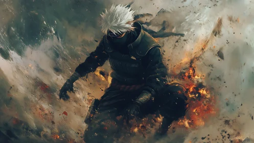 Masked white haired warrior crouched in swirling flames.