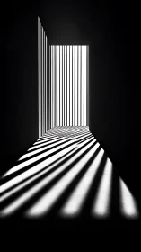 Hard light stripes carve deep perspective through dark room