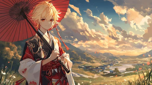 Kimono-clad swordsman under red parasol in luminous rural valley