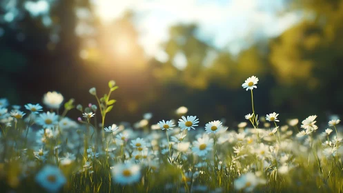 Field of daisies with selective focus on foreground specimens.