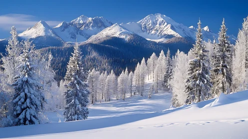 Snow-covered conifer forest before distant alpine peaks.
