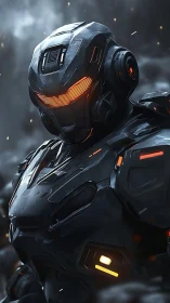 Armored cyber soldier in dark exosuit with orange visor.