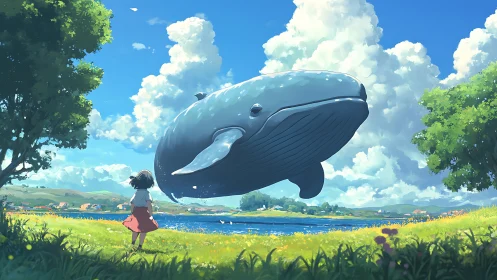 Gentle sky whale drifts above a child in a sunny meadow