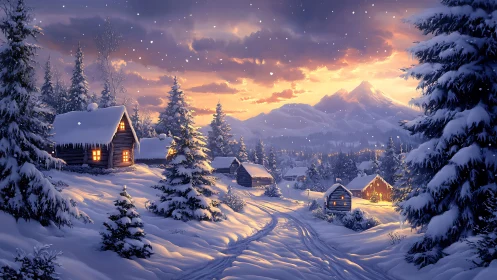 Snowlit mountain village wrapped in golden evening glow.