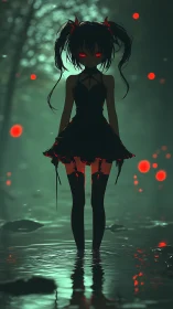 Crimson eyed shadow girl haunting a mist soaked forest pool.