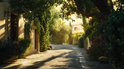 Sunlit Mediterranean lane with lush foliage and shadows.