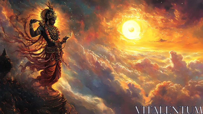 Solar deity dancing on a storm of molten clouds.
