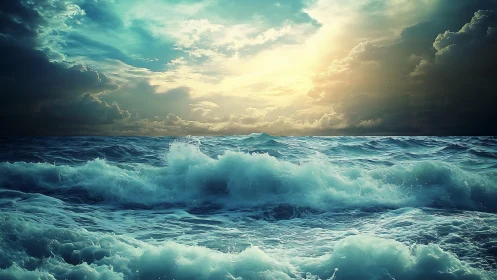 Tempest-touched ocean dancing beneath a molten sky.