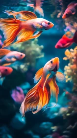 Vibrant betta fish glide through neon blue aquatic bokeh.