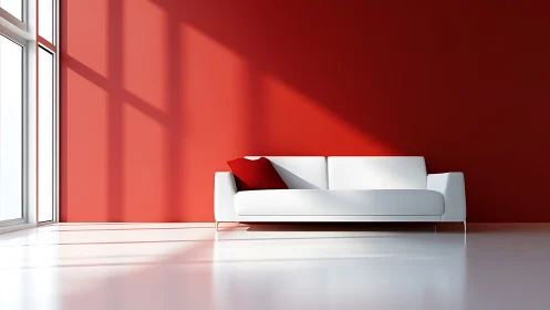 White sofa rests against bold red wall in sunlit room