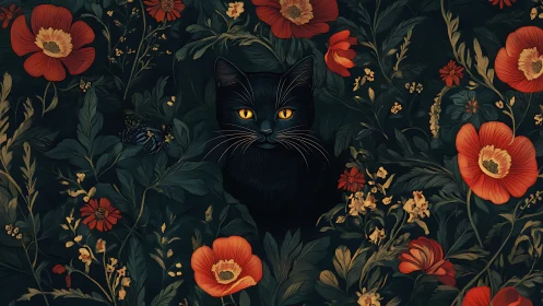 Black Cat Portrait Amid Red Poppies and Golden Botanical Foliage.