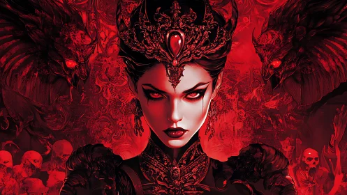 Demonic queen stares forward in red monochrome portrait
