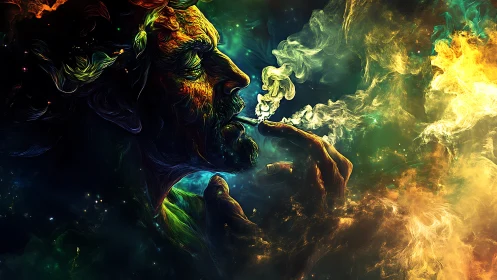 Profile of smoking figure rendered with vibrant swirling colors