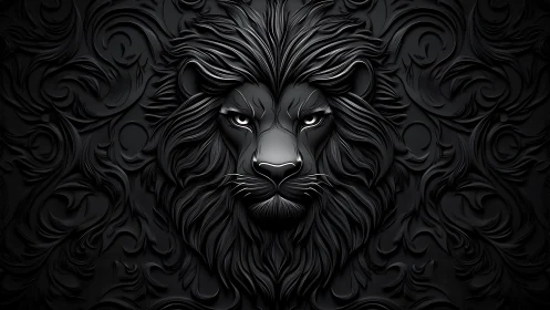 Monochrome relief lion head in intricate ornamental filigree.