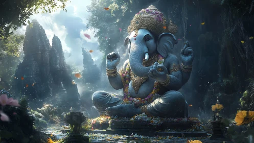 Serene Ganesha statue radiates light in misty jungle temple