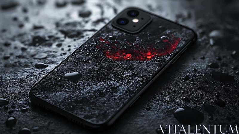 Wet black smartphone on dark surface with red accent detail.