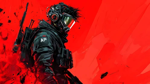 Armored tactical figure against red abstract backdrop.