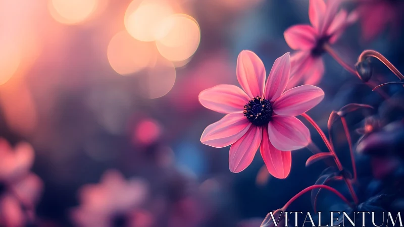 Pink Cosmos Flower Illuminated by Golden Bokeh Light.