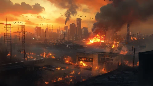 Burning industrial cityscape under heavy smoke at dusk.