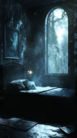 Moonlit dust drifts through a forgotten forest-windowed room