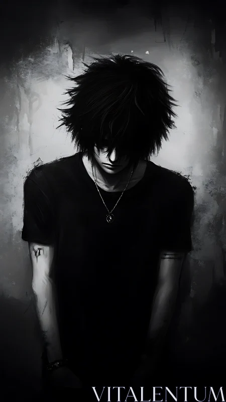 Shadowed quiet boy in monochrome light and soft gloom.