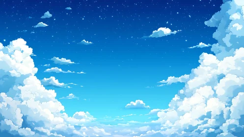 Cloud kingdoms drift beneath a star-sprinkled blue sky.