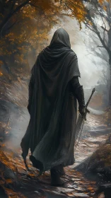 Wandering cloaked traveler on a misty forest path at dawn.