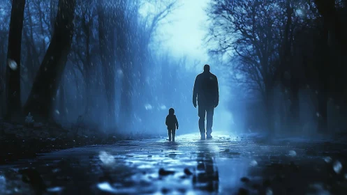 Silhouetted adult and child on wet forest road under blue rain