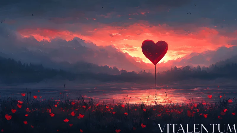 Giant Red Heart Balloon Rises Above Sunset Lake.