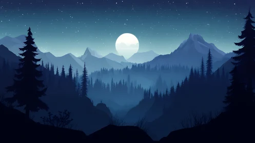 Mountain Valley Under Full Moon at Night