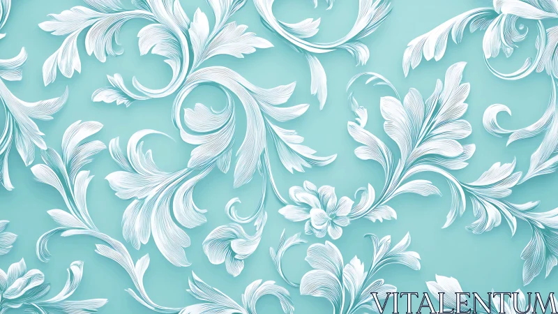 White baroque floral scrolls over teal embossed background.