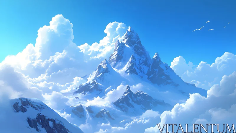 Snowy mountain peak rising above bright white cloud sea.