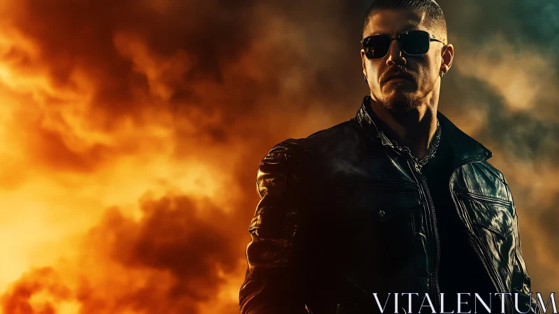 Brooding leather-clad man before fiery cinematic sky.