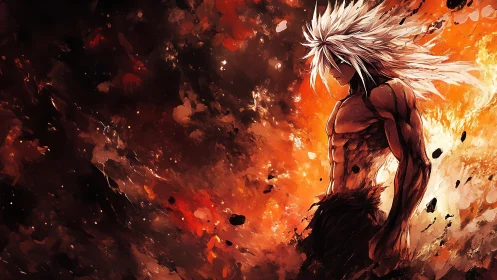 Volcanic anime warrior silhouette amid explosive fiery vortex