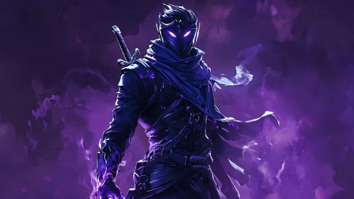 Shadowy masked warrior with glowing purple energy aura.