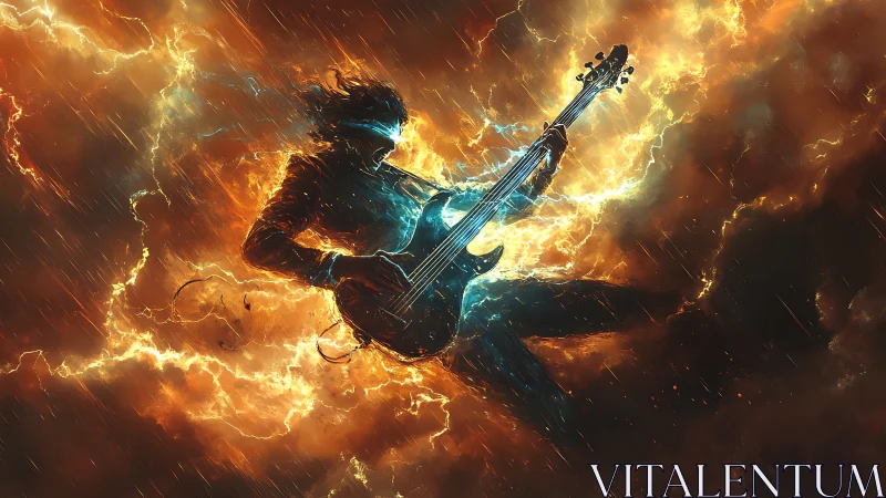 Silhouetted electric guitarist appears amid glowing storm clouds