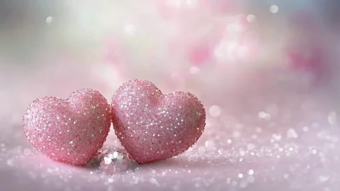 Two Glittering Pink Hearts Sparkling Together.